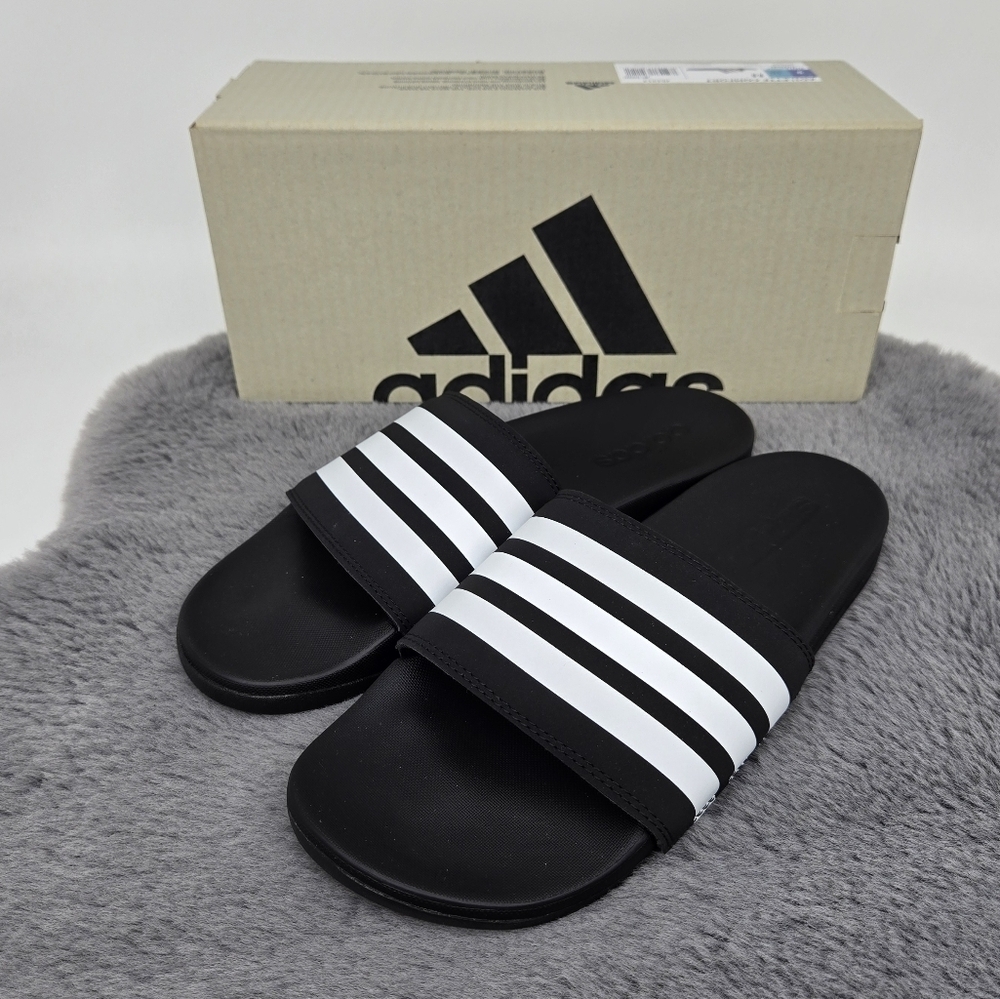New adidas Adilette Comfort Slides Black White Women's Shoes Size 13